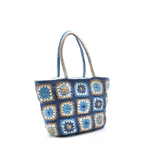 Bolso de algodón de crochet patchwork azul