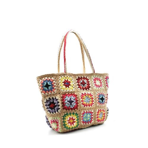 Bolso de algodón de crochet patchwork camello