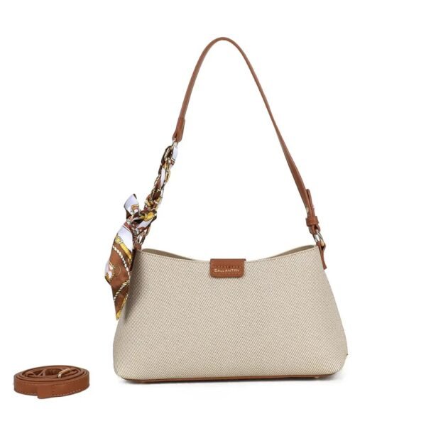 Bolso de mano de lona y detalles en cuero marrón