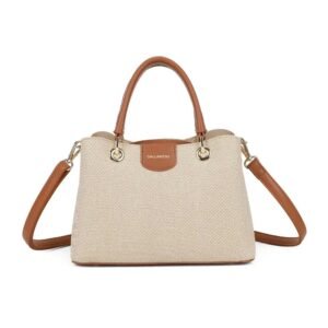 Bolso de lona con doble asa y detalles de cuero marrón