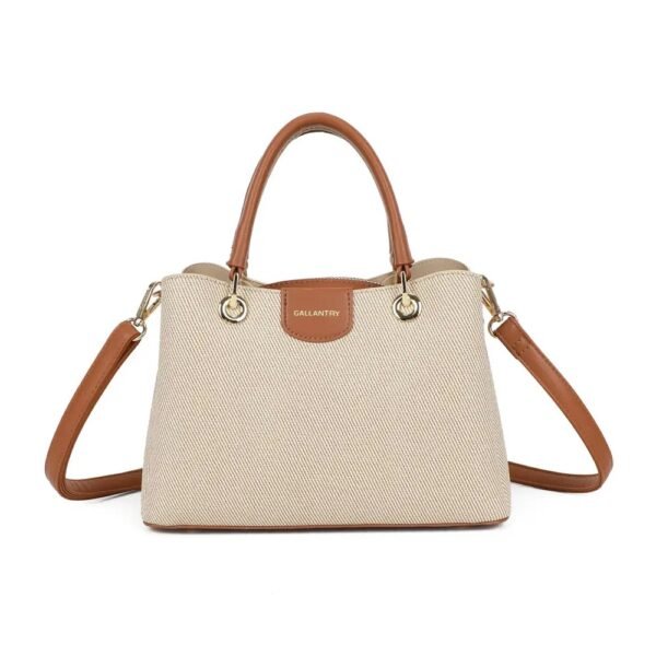 Bolso de lona con doble asa y detalles de cuero marrón