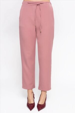 Pantalón liso relax-fit con cordón delantero rosa