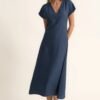 Vestido evasé fruncido en la cintura azul índigo