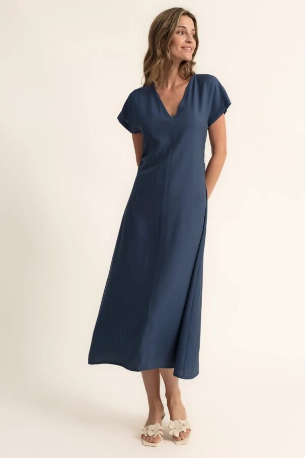 Vestido evasé fruncido en la cintura azul índigo