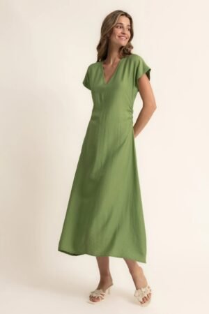 Vestido evasé fruncido en la cintura verde albahaca