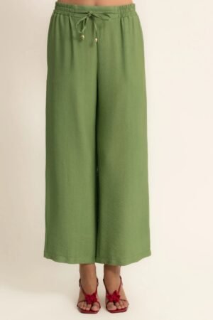 Pantalón recto fluido con cordón verde albahaca