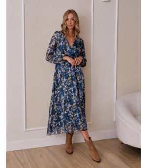 Vestido estampado cruzado azul petróleo
