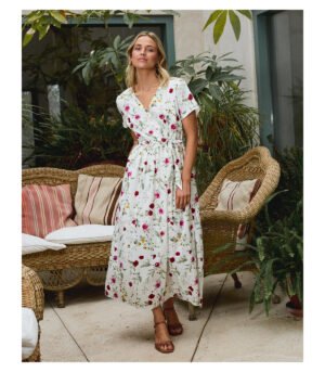Vestido largo manga corta flores y bordado inglés