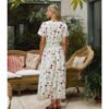 Vestido largo manga corta flores y bordado inglés