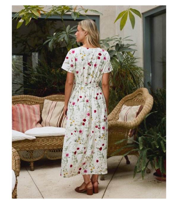Vestido largo manga corta flores y bordado inglés