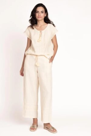 Pantalon de lino con guipur Pantalón recto de lino con guipur