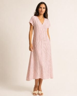 Vestido evasé fruncido en la cintura rayas rojas