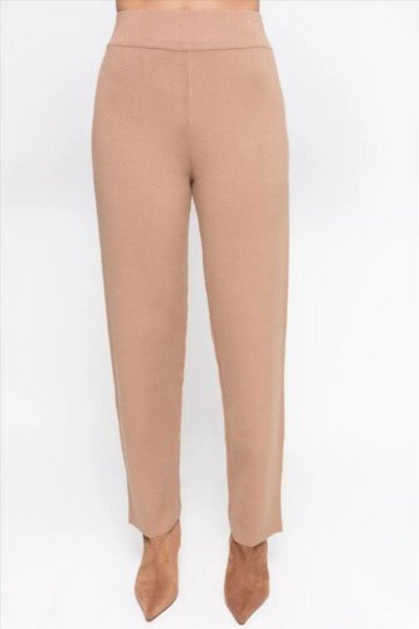 Pantalón recto de punto cintura elástica camello Pantalón recto de punto cintura elástica camello